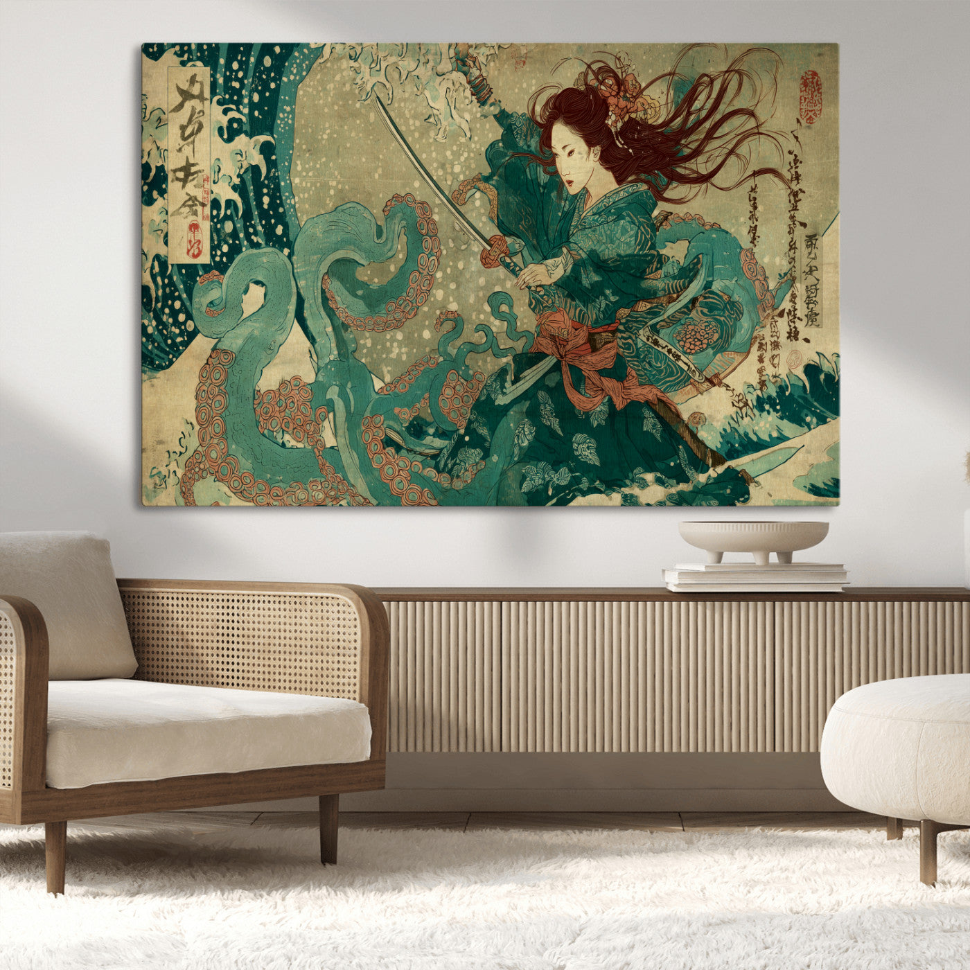 86918027-MGV-CV-36X24-Samurai Warrior vs Octopus Wall Art – Japanese Ukiyo-e Ocean Battle Canvas Print, Traditional Samurai Artwork for Living Room,