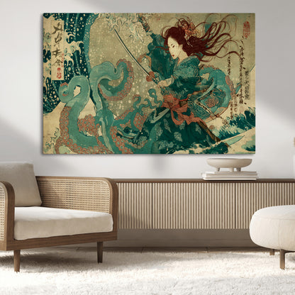 86918027-MGV-CV-36X24-Samurai Warrior vs Octopus Wall Art – Japanese Ukiyo-e Ocean Battle Canvas Print, Traditional Samurai Artwork for Living Room,
