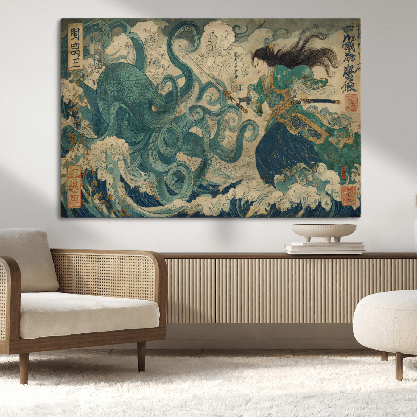 60346622-MGV-CV-36X24-Samurai Warrior vs Octopus Wall Art – Japanese Ukiyo-e Style Ocean Battle Canvas Print, Traditional Samurai Artwork for Living