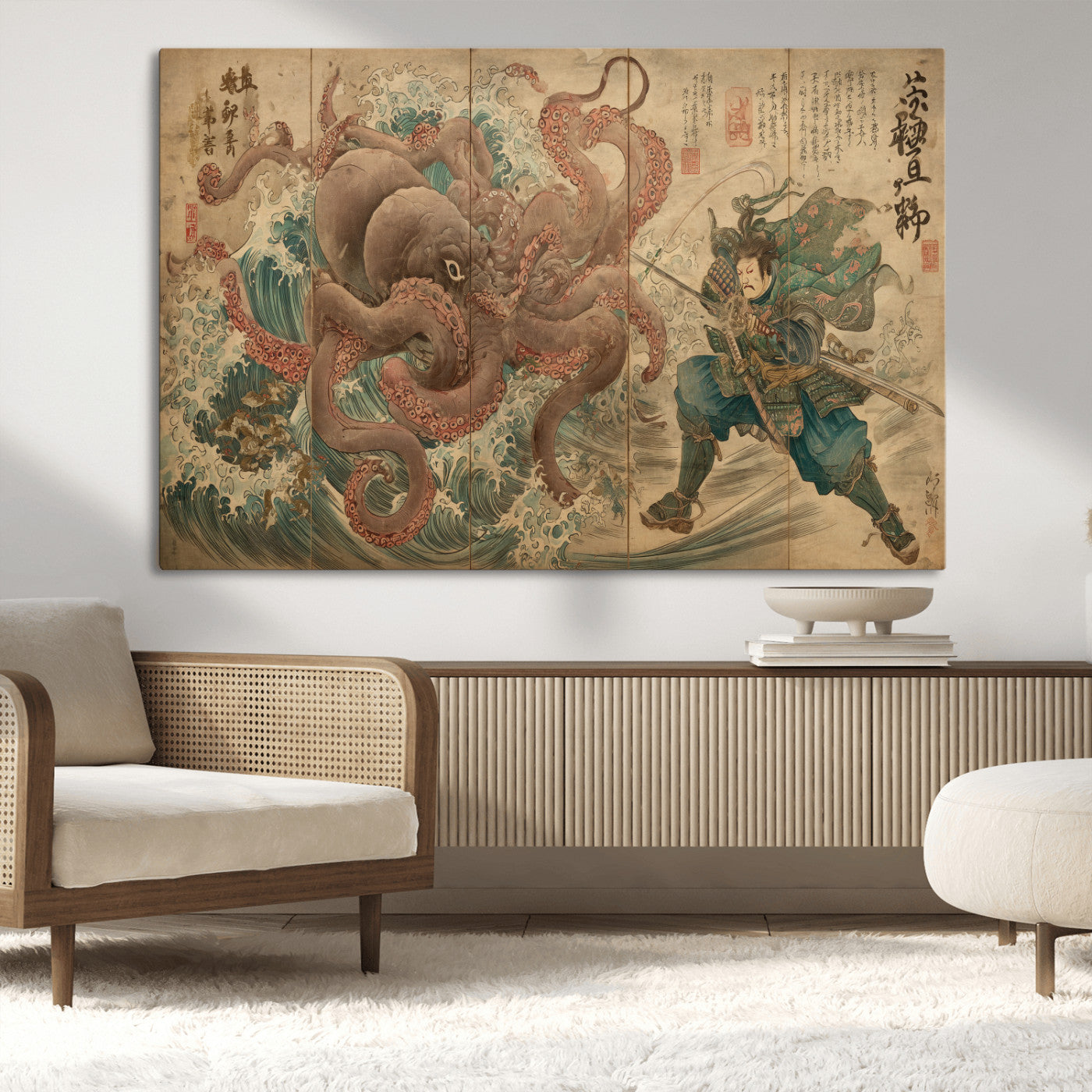 63782167-MGV-CV-36X24-Tsukioka Yoshitoshi Samurai Wall Art Print, Japanese Katana Warrior Canvas Wall Art, Octopus Sea Monster Canvas Print,