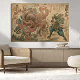 63782167-MGV-CV-36X24-Tsukioka Yoshitoshi Samurai Wall Art Print, Japanese Katana Warrior Canvas Wall Art, Octopus Sea Monster Canvas Print,