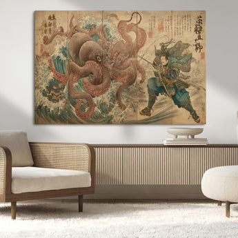 63782167-MGV-CV-36X24-Tsukioka Yoshitoshi Samurai Wall Art Print, Japanese Katana Warrior Canvas Wall Art, Octopus Sea Monster Canvas Print,