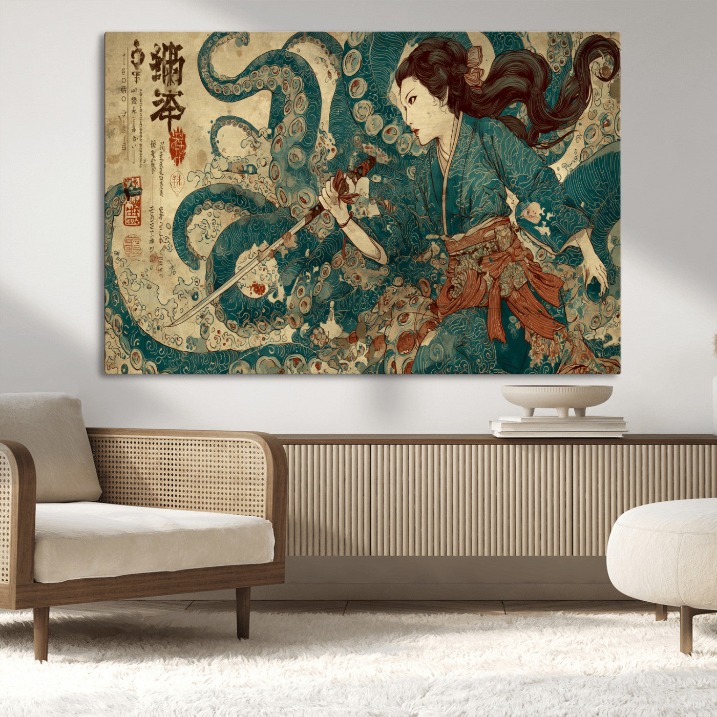 18575670-MGV-CV-36X24-Tsukioka Yoshitoshi Samurai Wall Art Print, Japanese Katana Warrior Canvas Wall Art, Octopus Sea Monster Canvas Print,
