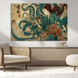 18575670-MGV-CV-36X24-Tsukioka Yoshitoshi Samurai Wall Art Print, Japanese Katana Warrior Canvas Wall Art, Octopus Sea Monster Canvas Print,