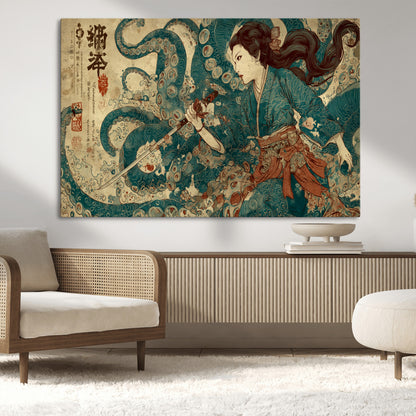 18575670-MGV-CV-36X24-Samurai Woman vs Octopus Wall Art – Japanese Ukiyo-e Ocean Battle Canvas Print, Traditional Warrior Artwork for Living Room,