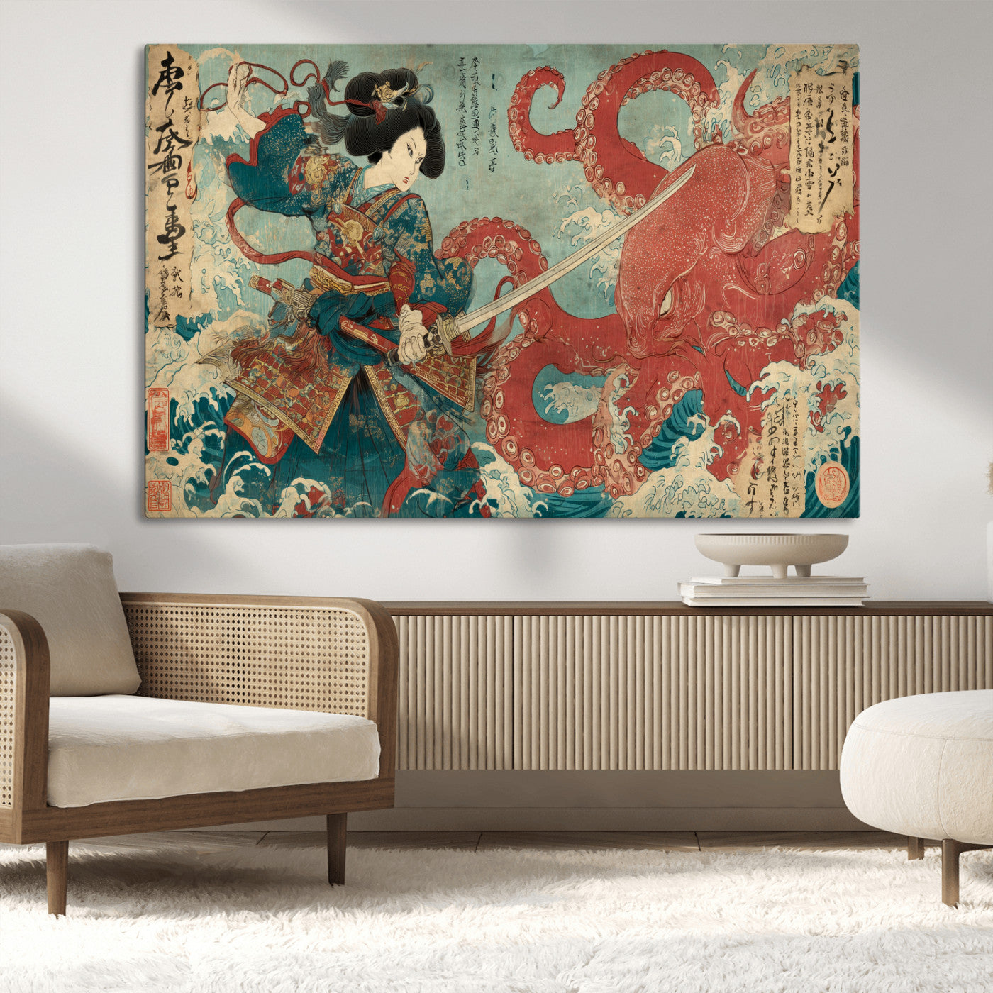 68844327-MGV-CV-36X24-Tsukioka Yoshitoshi Samurai Wall Art Print, Japanese Katana Warrior Canvas Wall Art, Octopus Sea Monster Canvas Print,