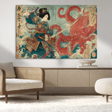 68844327-MGV-CV-36X24-Tsukioka Yoshitoshi Samurai Wall Art Print, Japanese Katana Warrior Canvas Wall Art, Octopus Sea Monster Canvas Print,