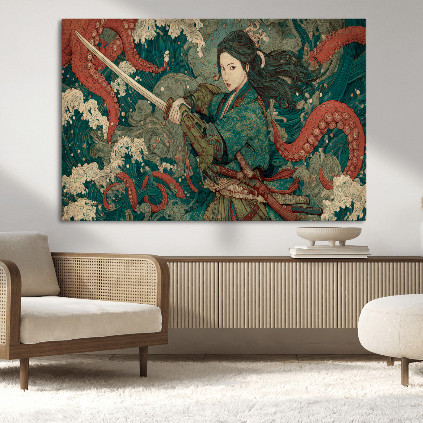 35461724-MGV-CV-36X24-Samurai Woman vs Octopus Wall Art – Japanese Ukiyo-e Ocean Waves Canvas Print, Red Tentacle Battle Artwork for Living Room,