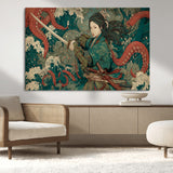 35461724-MGV-CV-36X24-Samurai Woman vs Octopus Wall Art – Japanese Ukiyo-e Ocean Waves Canvas Print, Red Tentacle Battle Artwork for Living Room,