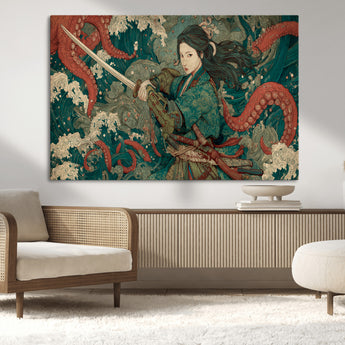 35461724-MGV-CV-36X24-Samurai Woman vs Octopus Wall Art – Japanese Ukiyo-e Ocean Waves Canvas Print, Red Tentacle Battle Artwork for Living Room,