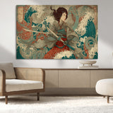 63377977-MGV-CV-36X24-Tsukioka Yoshitoshi Samurai Wall Art Print, Japanese Katana Warrior Canvas Wall Art, Octopus Sea Monster Canvas Print,