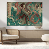 91666601-MGV-CV-36X24-Samurai Woman vs Octopus Wall Art – Japanese Ukiyo-e Green Robe Canvas Print, Ocean Battle Artwork for Living Room, Office, Man