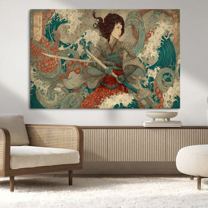 37797255-MGV-CV-36X24-Samurai Woman vs Octopus Wall Art – Japanese Ukiyo-e Red Armor Ocean Battle Canvas Print, Warrior Artwork for Living Room, Office,