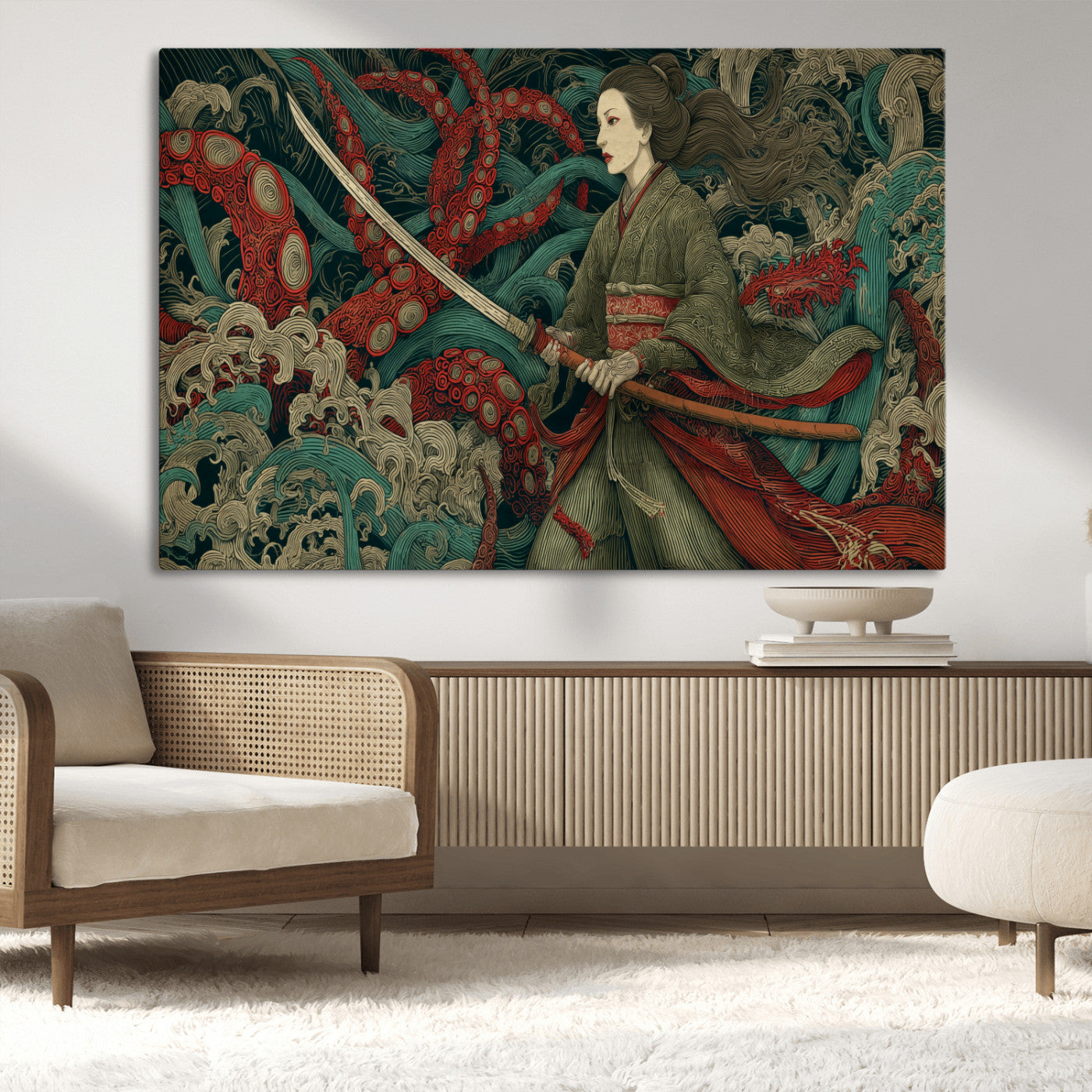 18902796-MGV-CV-36X24-Samurai Woman vs Octopus Wall Art – Japanese Ukiyo-e Green Kimono Canvas Print, Ocean Battle Scene Artwork for Living Room,