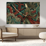 18902796-MGV-CV-36X24-Samurai Woman vs Octopus Wall Art – Japanese Ukiyo-e Green Kimono Canvas Print, Ocean Battle Scene Artwork for Living Room,