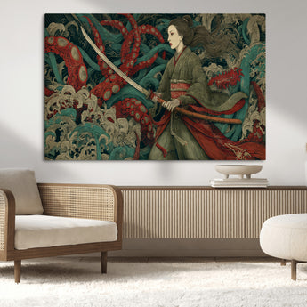 18902796-MGV-CV-36X24-Samurai Woman vs Octopus Wall Art – Japanese Ukiyo-e Green Kimono Canvas Print, Ocean Battle Scene Artwork for Living Room,