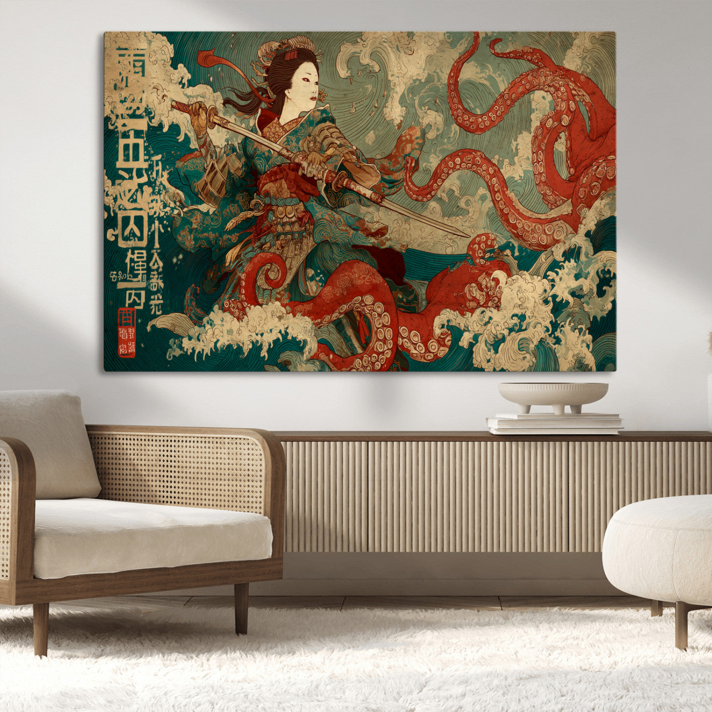 60201267-MGV-CV-36X24-Samurai Woman vs Octopus Wall Art – Japanese Ukiyo-e Armor Canvas Print, Red Tentacle Ocean Battle Artwork for Living Room,