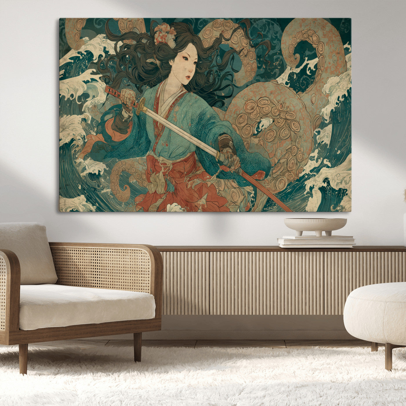 79740258-MGV-CV-36X24-Tsukioka Yoshitoshi Samurai Wall Art Print, Japanese Katana Warrior Canvas Wall Art, Octopus Sea Monster Canvas Print,