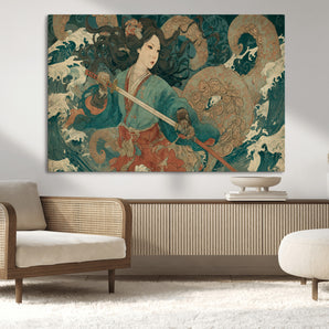 79740258-MGV-CV-36X24-Samurai Woman vs Octopus Wall Art – Japanese Ukiyo-e Blue Kimono Canvas Print, Ocean Battle Artwork for Living Room, Office, Man