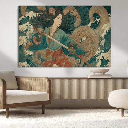 79740258-MGV-CV-36X24-Samurai Woman vs Octopus Wall Art – Japanese Ukiyo-e Blue Kimono Canvas Print, Ocean Battle Artwork for Living Room, Office, Man