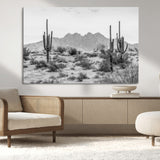97436PHN-MGV-CV-36X24-Desert Landscape Wall Art – Black and White Cactus and Mountain Canvas Print, Southwestern Nature Photography for Living Room,
