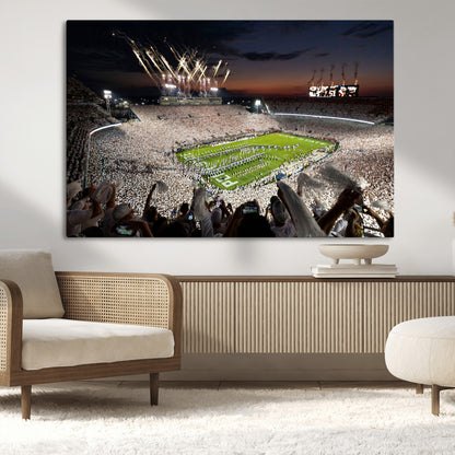 Penn-MGV-CV-36X24-Football Stadium Wall Art – Panoramic Night Game Canvas Print, Packed Crowd with Fireworks, Sports Decor for Office, Man Cave, Bar