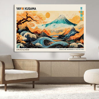 94085549-MGV-CV-36X24-Yayoi Kusama Inspired Japanese Landscape Art Print – Vibrant Mount Fuji, Waves & Autumn Trees, Modern Decorative Poster for