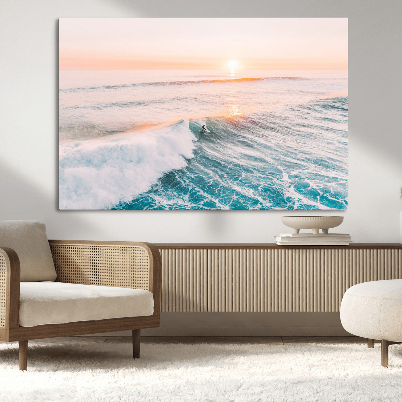 34064591-MGV-CV-36X24-Surfing Wall Art – Sunset Ocean Wave Canvas Print, Surfer Riding Sea Photography Decor for Bedroom, Living Room, Office, Coastal