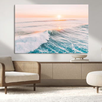 34064591-MGV-CV-36X24-Surfing Wall Art – Sunset Ocean Wave Canvas Print, Surfer Riding Sea Photography Decor for Bedroom, Living Room, Office, Coastal