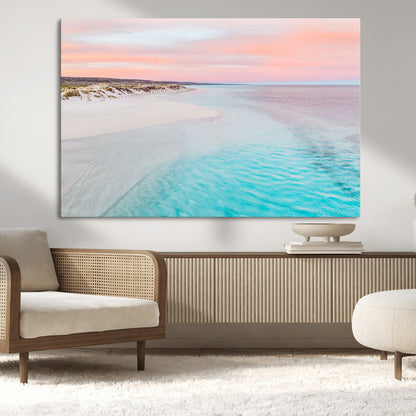41613614-MGV-CV-36X24-Beach Sunset Wall Art – Pastel Ocean Canvas Print, Turquoise Water and Pink Sky Photography Decor for Bedroom, Living Room, Office