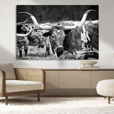 15425553-MGV-CV-36X24-Western Wall Art – Longhorn Cattle Black and White Canvas Print, Rustic Ranch Photography Decor for Bedroom, Living Room, Office,