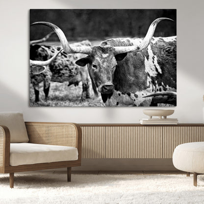 15425553-MGV-CV-36X24-Western Wall Art – Longhorn Cattle Black and White Canvas Print, Rustic Ranch Photography Decor for Bedroom, Living Room, Office,