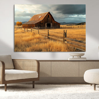 16480179-MGV-CV-36X24-Farmhouse Wall Art – Rustic Barn and Golden Field Canvas Print, Country Landscape Photography Decor for Bedroom, Living Room,