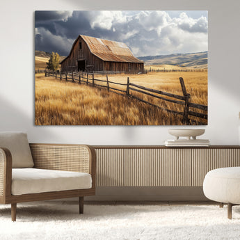 23718739-MGV-CV-36X24-Farmhouse Wall Art – Rustic Barn and Golden Wheat Field Canvas Print, Country Landscape Photography Decor for Bedroom, Living