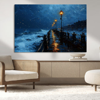 48300530-MGV-CV-36X24-Night Pier Wall Art – Moody Ocean Boardwalk Canvas Print, Impressionist Coastal Seascape Painting Decor for Living Room, Office,