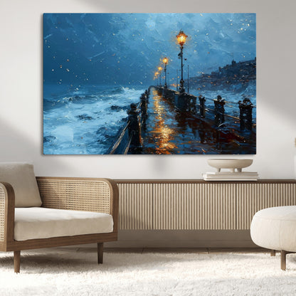 93793246-MGV-CV-36X24-Stormy Night Pier Canvas Wall Art – Moody Ocean Landscape with Lights, Blue Coastal Seascape Print for Bedroom, Living Room,