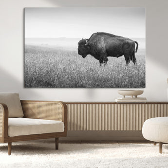 90861202-MGV-CV-36X24-Black and White Bison Canvas Wall Art – Rustic American Buffalo Print, Western Wildlife Photography for Farmhouse, Cabin, Office