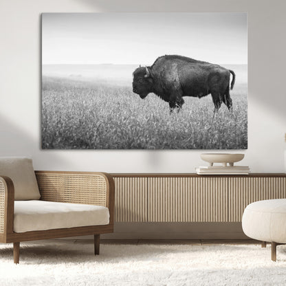 90861202-MGV-CV-36X24-Black and White Bison Canvas Wall Art – Rustic American Buffalo Print, Western Wildlife Photography for Farmhouse, Cabin, Office