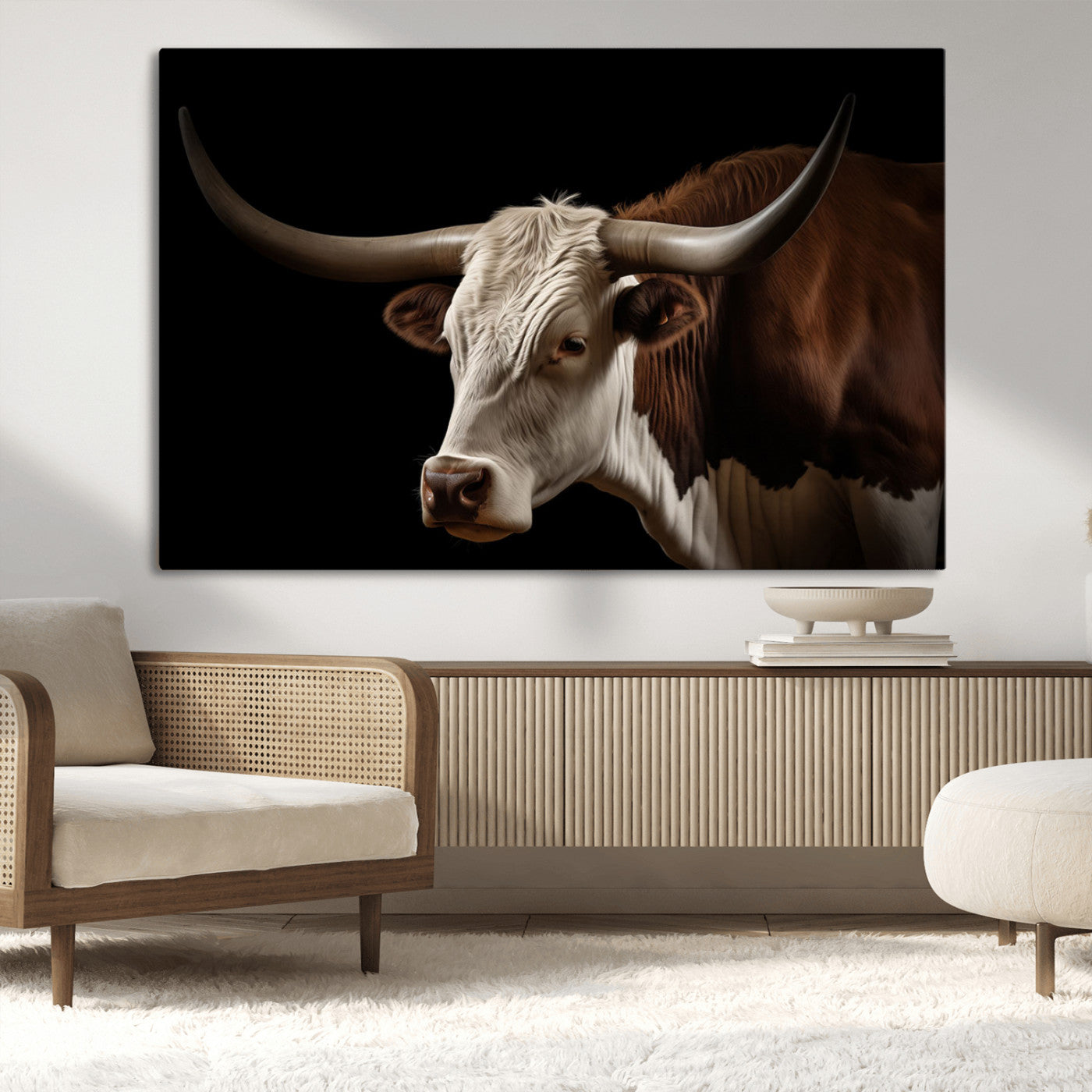 27414857-MGV-CV-36X24-Longhorn Bull Wall Art – Dramatic Western Steer Portrait Canvas Print, Rustic Farmhouse Animal Decor for Living Room, Office, or