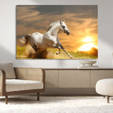 67478480-MGV-CV-36X24-White Horse Running at Sunset Wall Art – Majestic Equestrian Photography Print, Rustic Farmhouse Decor, Golden Sky Horse Lover