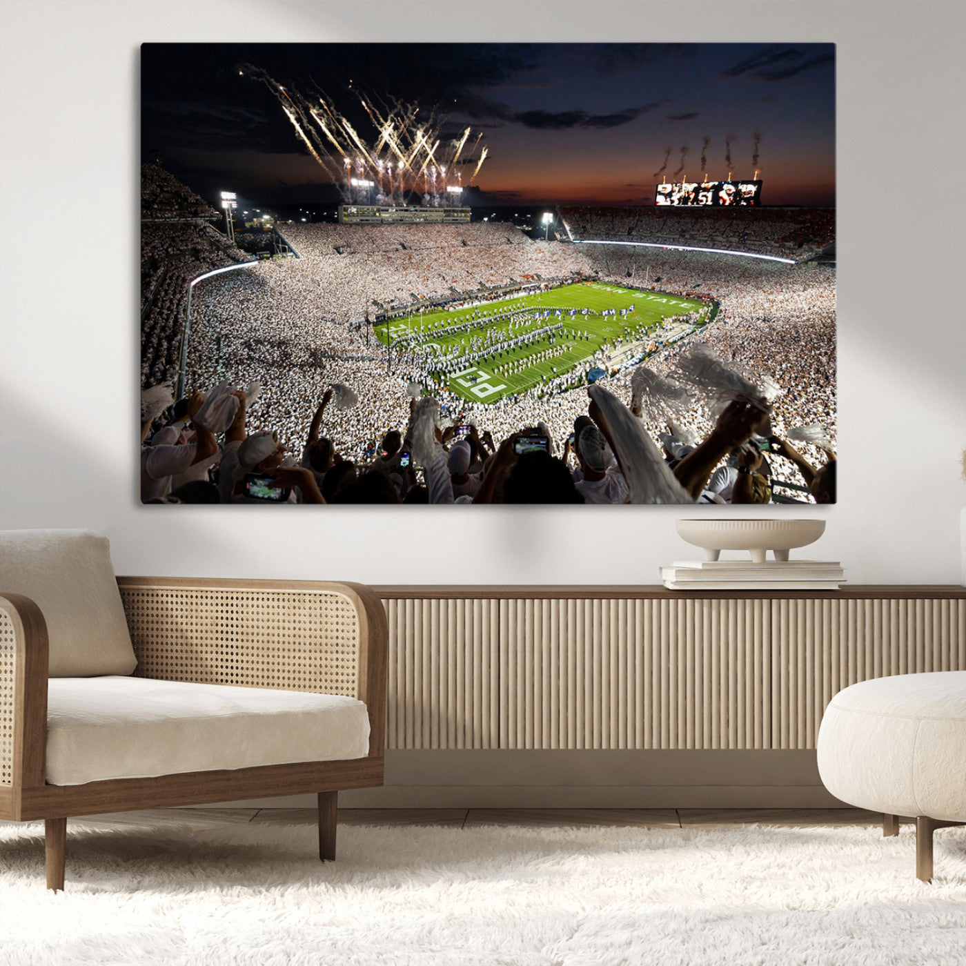 11221988-MGV-CV-36X24-Football Stadium Wall Art – Game Day Crowd with Fireworks, Sports Fan Photography Print, Stadium Decor for Man Cave, Bar, or