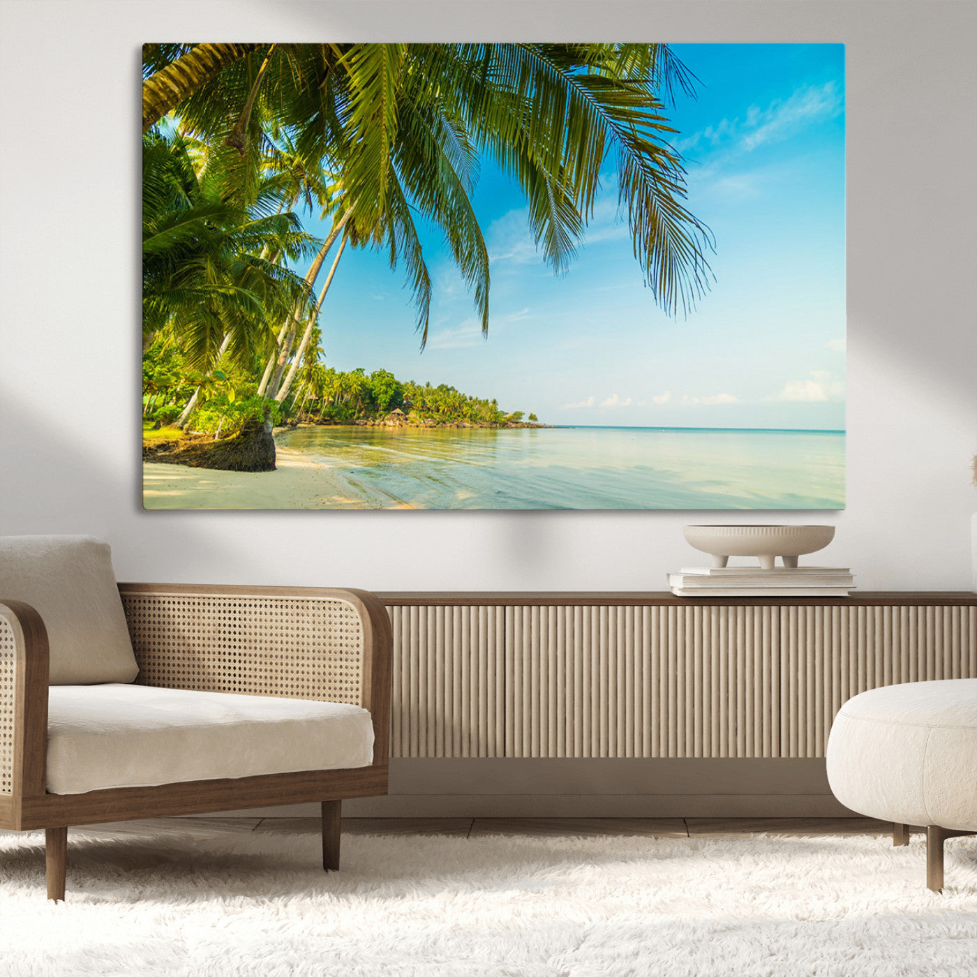 65056721-MGV-CV-36X24-Tropical Beach Wall Art – Palm Tree Coastal Photography Print, Relaxing Ocean Paradise Landscape, Island Seascape Home or Office