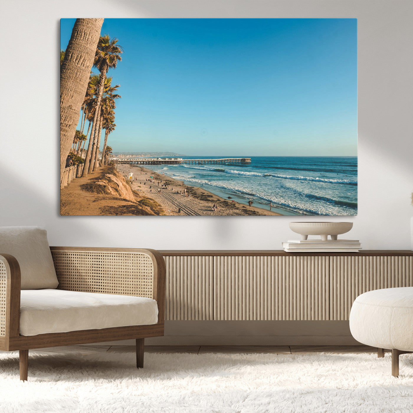 92568259-MGV-CV-36X24-California Beach Wall Art – Palm Tree Pier Canvas Print, Coastal Ocean Photography Seaside Decor for Living Room, Bedroom, Office,