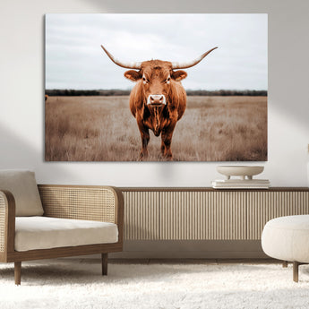 16316734-MGV-CV-36X24-Texas Longhorn Wall Art – Rustic Bull Portrait Canvas Print, Western Farmhouse Animal Photography Decor for Living Room, Office,