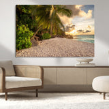 89531159-MGV-CV-36X24-Tropical Beach Sunset Canvas Wall Art – Palm Trees Golden Sand Ocean Waves Coastal Paradise Print for Beach House Bedroom Bathroom