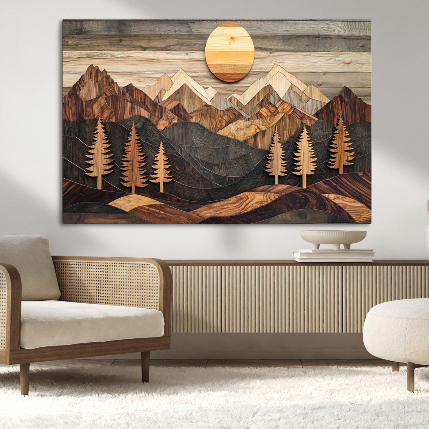 90044381-MGV-CV-36X24-Rustic Wall Art – Wooden Mountain Landscape with Sun and Pine Trees, Handcrafted Nature Canvas Style Decor for Bedroom, Living