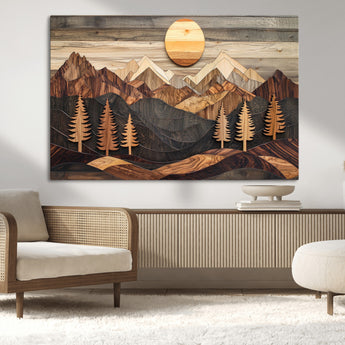 90044381-MGV-CV-36X24-Rustic Wall Art – Wooden Mountain Landscape with Sun and Pine Trees, Handcrafted Nature Canvas Style Decor for Bedroom, Living