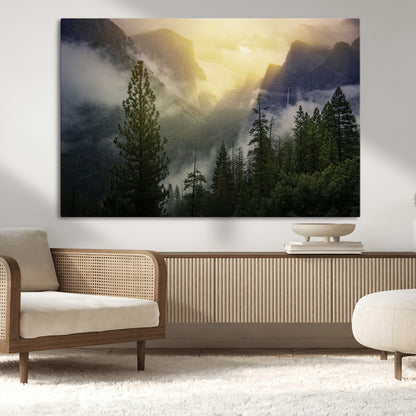 38316884-MGV-CV-36X24-Landscape Wall Art – Misty Mountain Valley Canvas Print, Scenic Pine Forest and Sunrise Photography Decor for Bedroom, Living