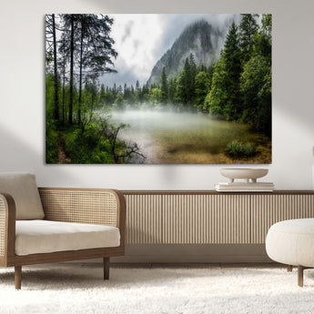 93123937-MGV-CV-36X24-Landscape Wall Art – Misty Mountain Lake Canvas Print, Tranquil Forest and Waterfall Photography Decor for Bedroom, Living Room,