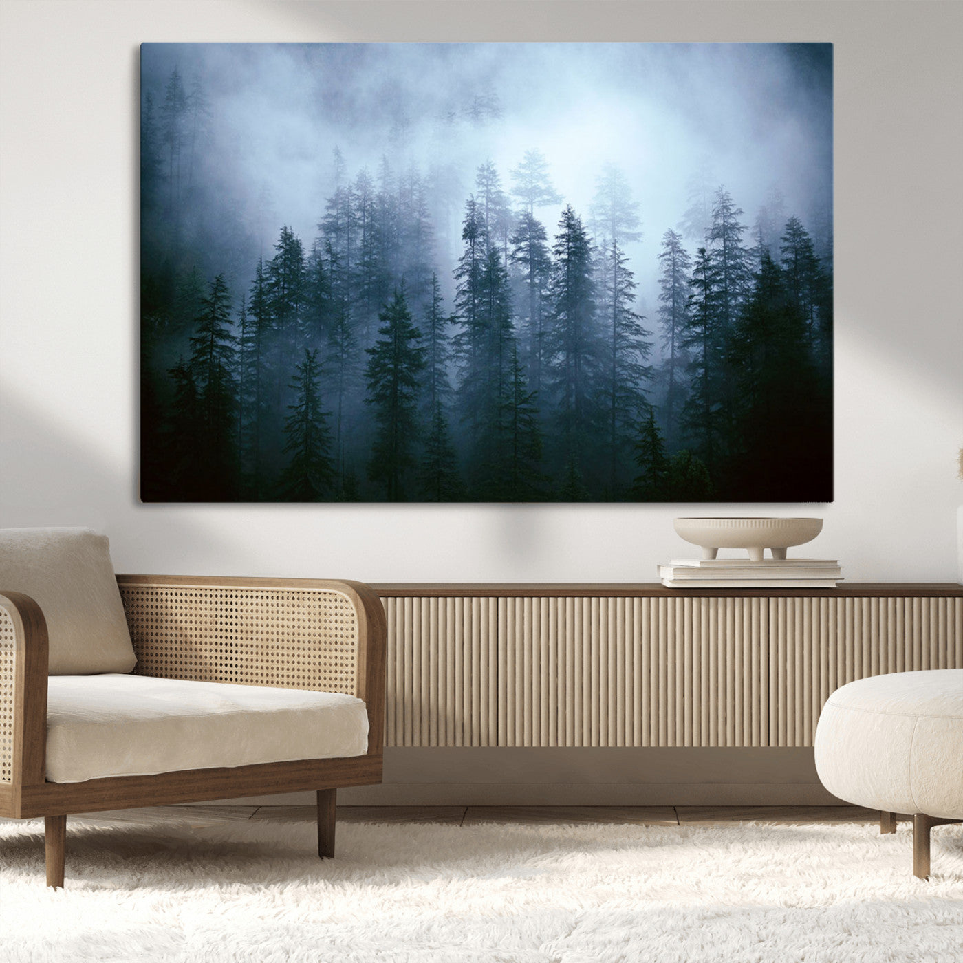 93439624-MGV-CV-36X24-Forest Wall Art – Misty Pine Trees Canvas Print, Moody Nature Photography Decor for Bedroom, Living Room, Office, Cabin, Lodge or